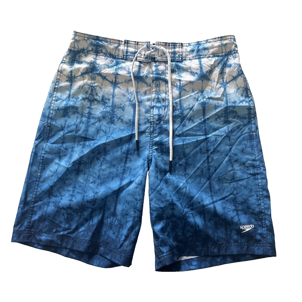 Speedo Men's Size M Swim Trunks Board Shorts Blue White Tie Dye Drawstring